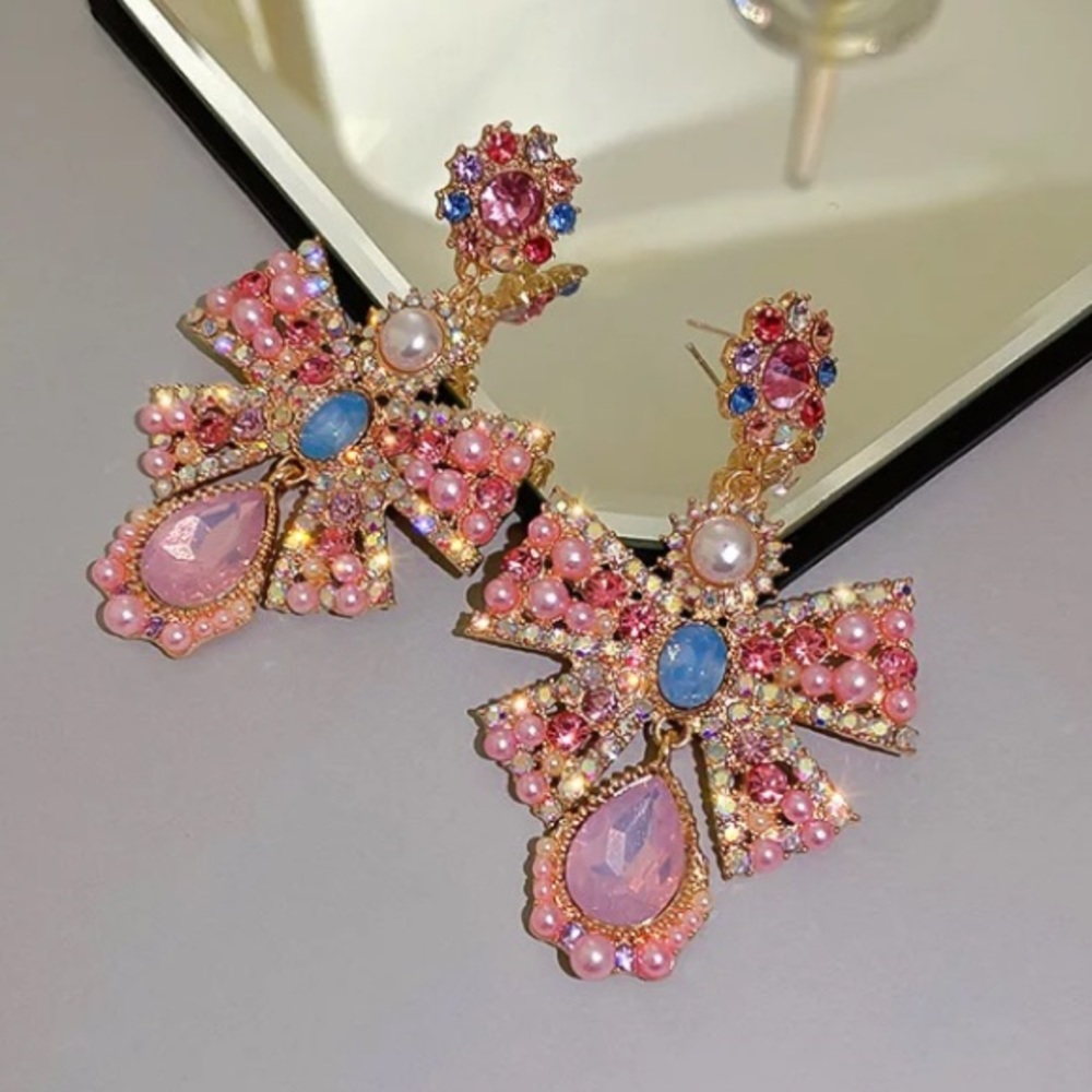 🌟 Pink Rhinestone Bowknot Big Drop Earrings